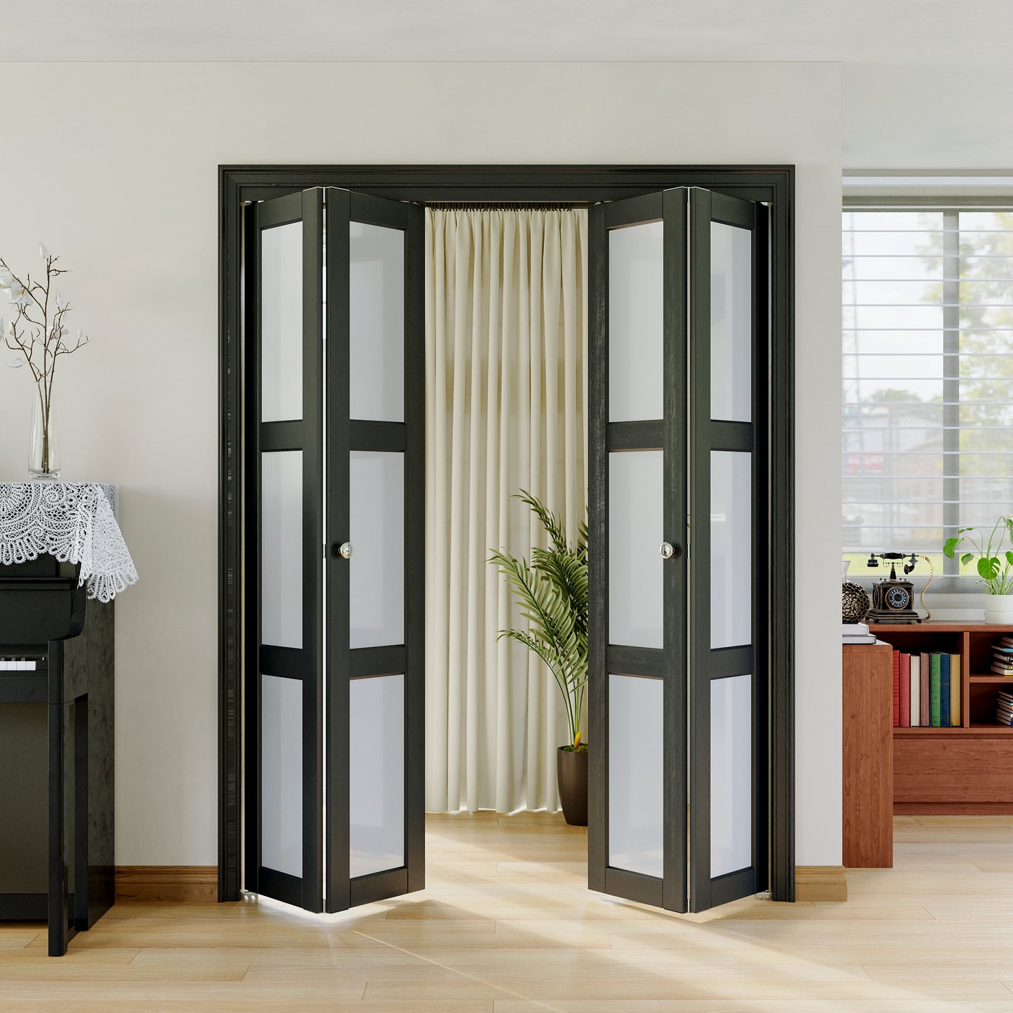 JUJUBON Bifold Doors,3-Lite Black Tempered Frosted Glass Bifold Closet Door with Sliding Hardware Kit, Interior Bi Fold Doors for Pantry, Solid Build Quality & Easy Install