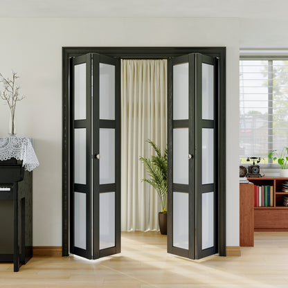 JUJUBON Bifold Doors,3-Lite Black Tempered Frosted Glass Bifold Closet Door with Sliding Hardware Kit, Interior Bi Fold Doors for Pantry, Solid Build Quality & Easy Install