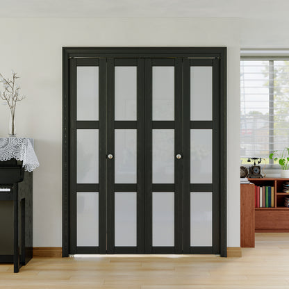 JUJUBON Bifold Doors,3-Lite Black Tempered Frosted Glass Bifold Closet Door with Sliding Hardware Kit, Interior Bi Fold Doors for Pantry, Solid Build Quality & Easy Install