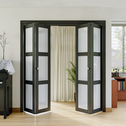 JUJUBON Bifold Doors,3-Lite Black Tempered Frosted Glass Bifold Closet Door with Sliding Hardware Kit, Interior Bi Fold Doors for Pantry, Solid Build Quality & Easy Install