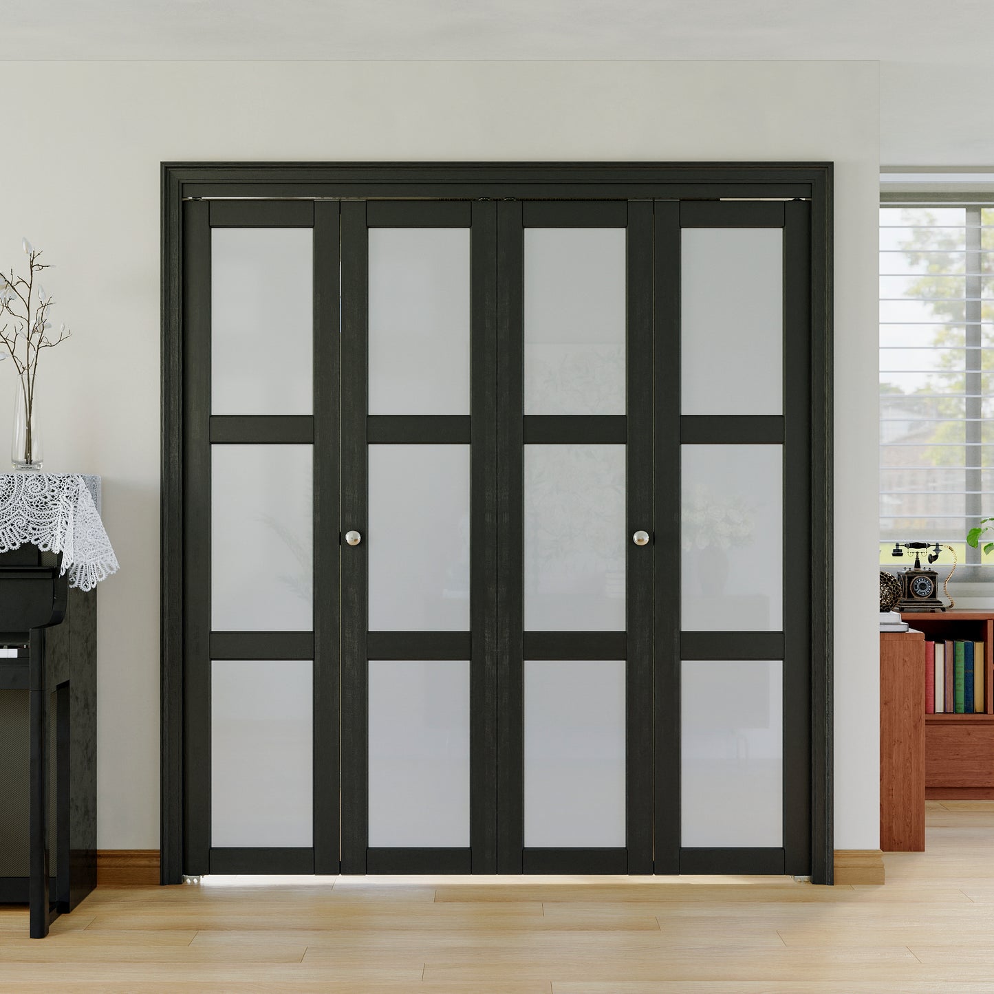 JUJUBON Bifold Doors,3-Lite Black Tempered Frosted Glass Bifold Closet Door with Sliding Hardware Kit, Interior Bi Fold Doors for Pantry, Solid Build Quality & Easy Install