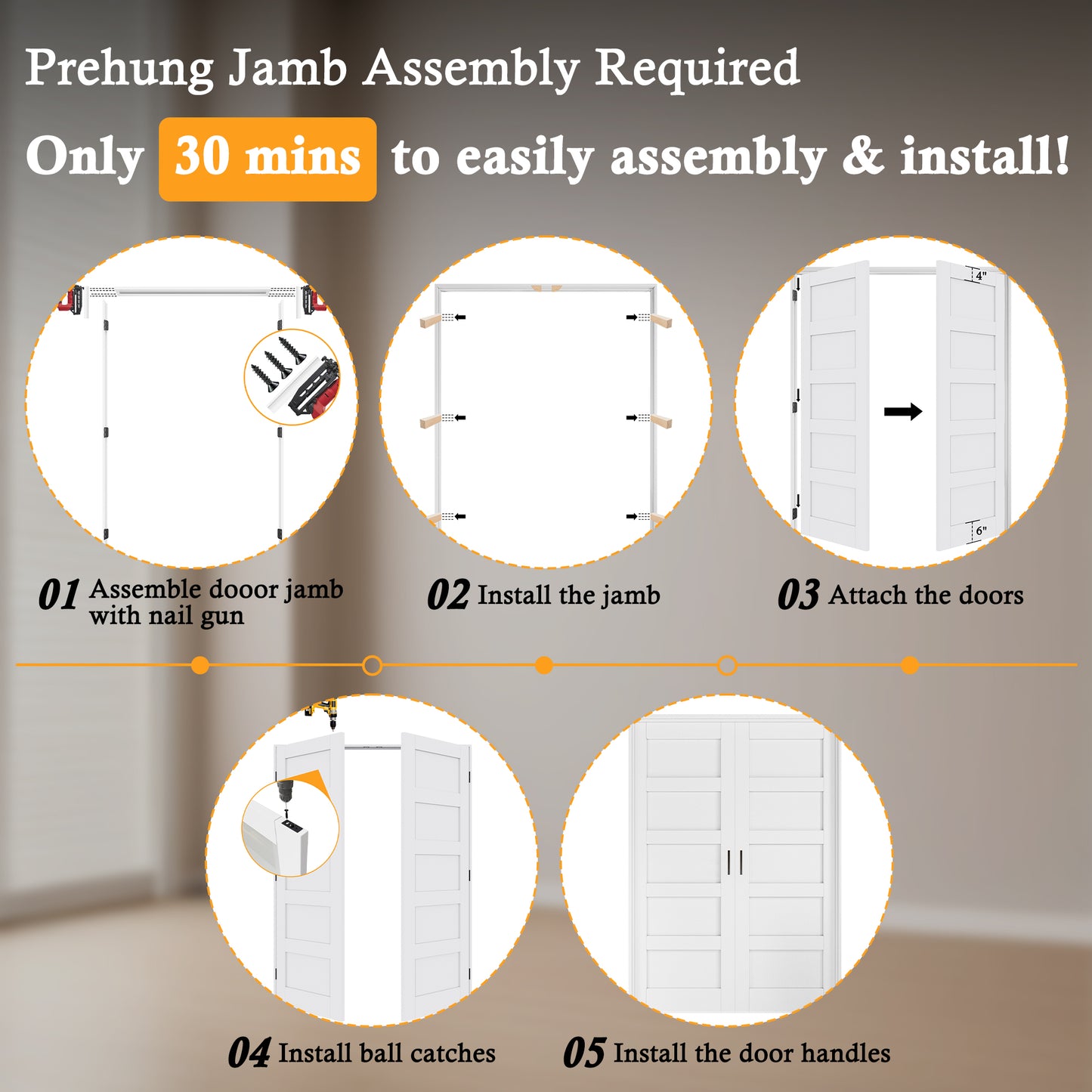 Jujubon 5-Lite Panel White Solid Core Finished Glass French Door Panels with Black Ball Catch, with Ready-to-Assemble Jamb