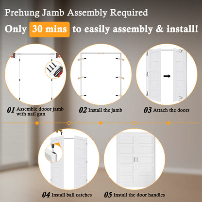 Jujubon 5-Lite Panel White Solid Core Finished Glass French Door Panels with Black Ball Catch, with Ready-to-Assemble Jamb