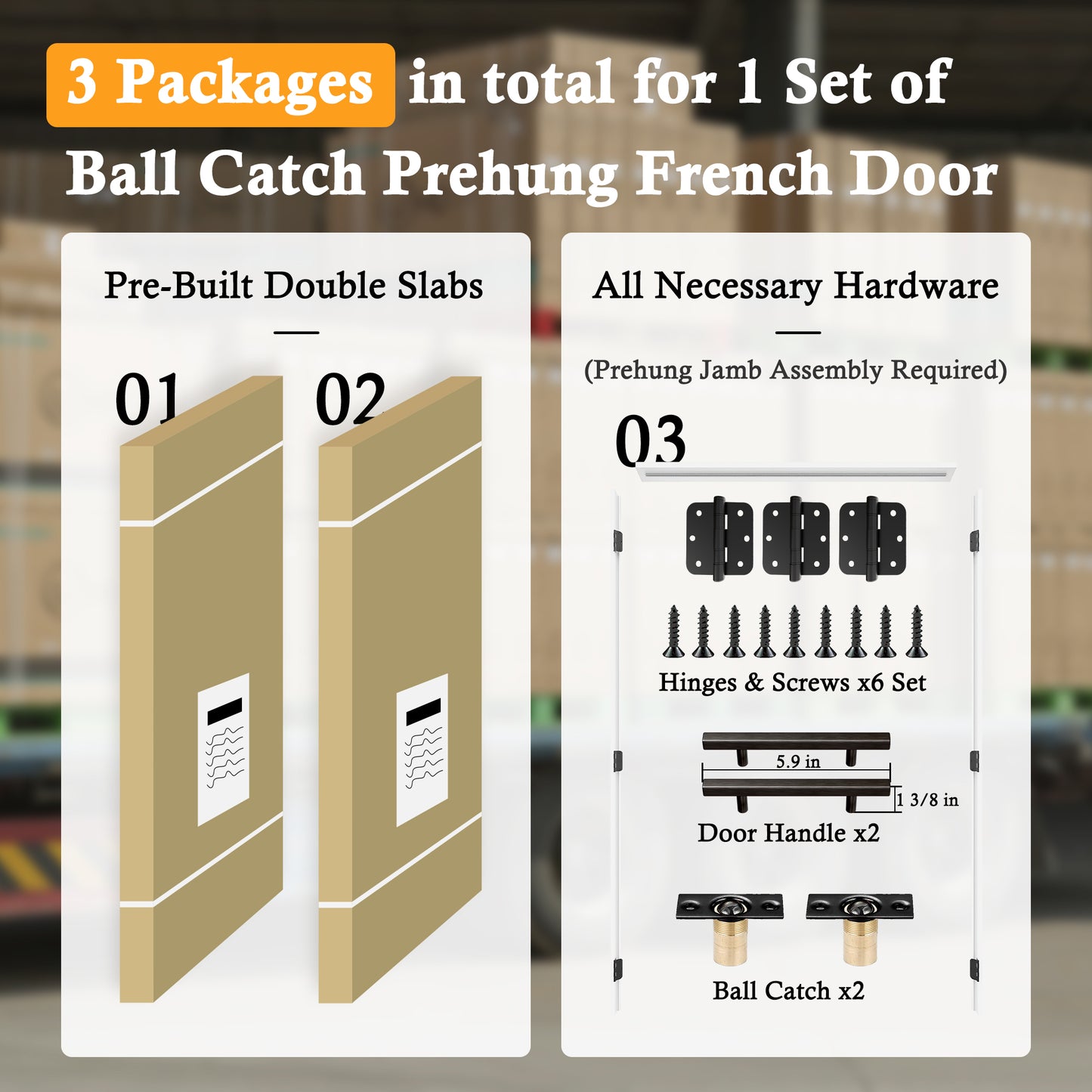 Jujubon 5-Lite Panel White Solid Core Finished Glass French Door Panels with Black Ball Catch, with Ready-to-Assemble Jamb