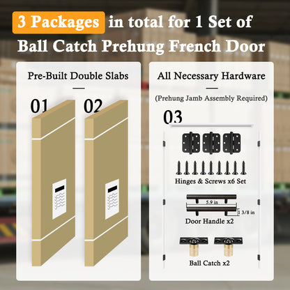 Jujubon 5-Lite Panel White Solid Core Finished Glass French Door Panels with Black Ball Catch, with Ready-to-Assemble Jamb