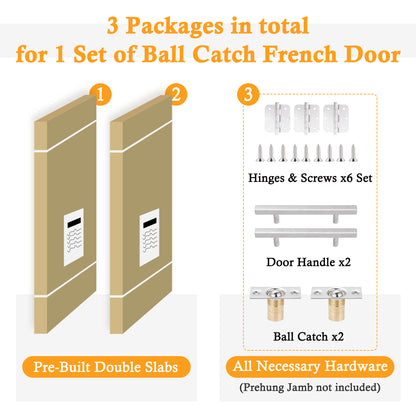 Jujubon 2-Lite Panel White Solid Core Finished Glass French Door Panels with Silver Ball Catch, with Ready-to-Assemble Jamb