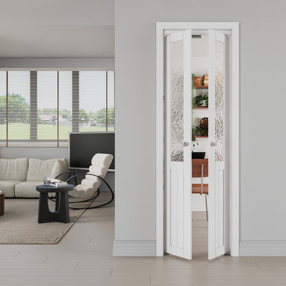JUJUBON Pivot Doors, Half Tempered Frosted Glass Closet Door with MDF Panel Hardware Kit Included, Interior Folding Door Easy Assembly
