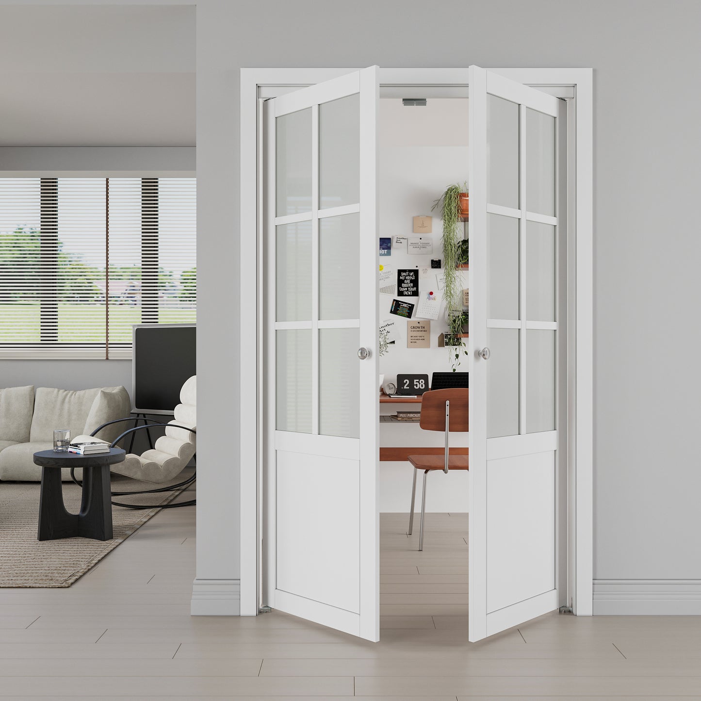 JUJUBON Pivot French Doors, 6-Lite Frosted Glass,Solid Core MDF Wood & PVC Covered Finished, White Closet Doors