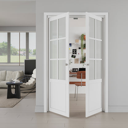 JUJUBON Pivot French Doors, 6-Lite Frosted Glass,Solid Core MDF Wood & PVC Covered Finished, White Closet Doors