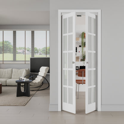 JUJUBON Pivot French Doors, 10-Lite Frosted Glass, Solid Core MDF Wood & PVC Covered Finished, White Closet Doors