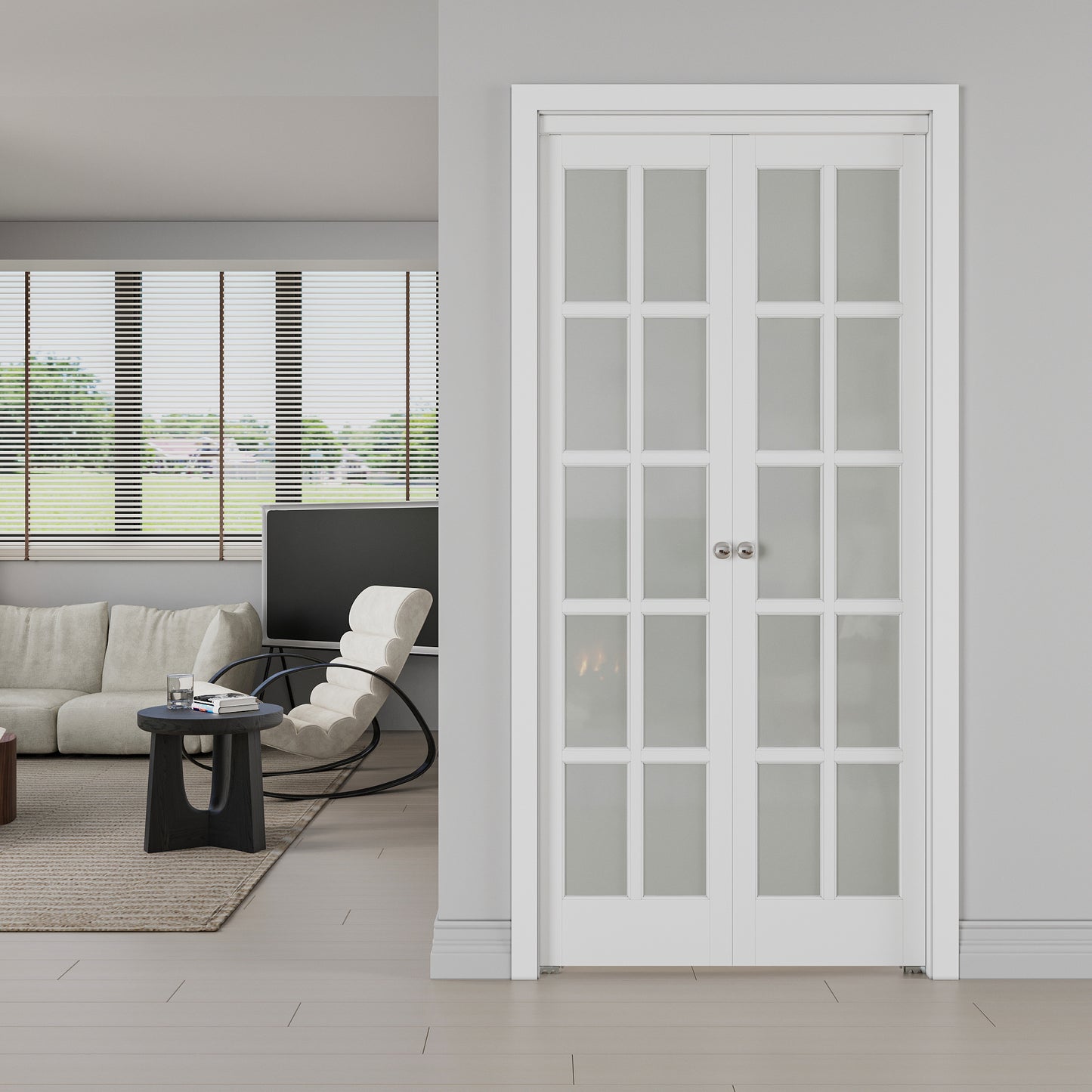 JUJUBON Pivot French Doors, 10-Lite Frosted Glass, Solid Core MDF Wood & PVC Covered Finished, White Closet Doors