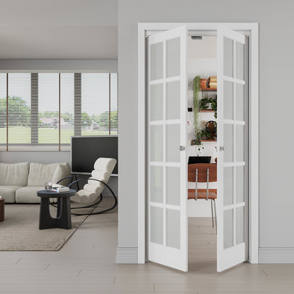 JUJUBON Pivot French Doors, 10-Lite Frosted Glass, Solid Core MDF Wood & PVC Covered Finished, White Closet Doors