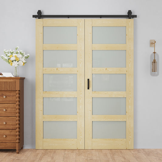Pre-Assembled Bifold Barn Doors and Hardware Included, 5 Lite Frosted Glass & Pine Wood,Unfinished MDF Full Frosted Glass BiFold Barn Doors with Good Privacy, Interior Bifold Sliding Barn Door for Closet Pantry Laundry