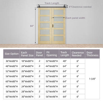 Pre-Assembled Bifold Barn Doors and Hardware Included, 5 Lite Frosted Glass & Pine Wood,Unfinished MDF Full Frosted Glass BiFold Barn Doors with Good Privacy, Interior Bifold Sliding Barn Door for Closet Pantry Laundry