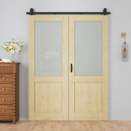Pre-Assembled Bifold Barn Doors and Hardware Included, Half Lite Frosted Glass & Pine Wood,Unfinished MDF Full Frosted Glass BiFold Barn Doors with Good Privacy, Interior Bifold Sliding Barn Door for Closet Pantry Laundry
