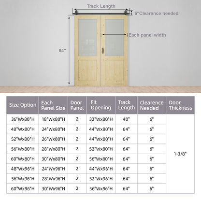 Pre-Assembled Bifold Barn Doors and Hardware Included, Half Lite Frosted Glass & Pine Wood,Unfinished MDF Full Frosted Glass BiFold Barn Doors with Good Privacy, Interior Bifold Sliding Barn Door for Closet Pantry Laundry