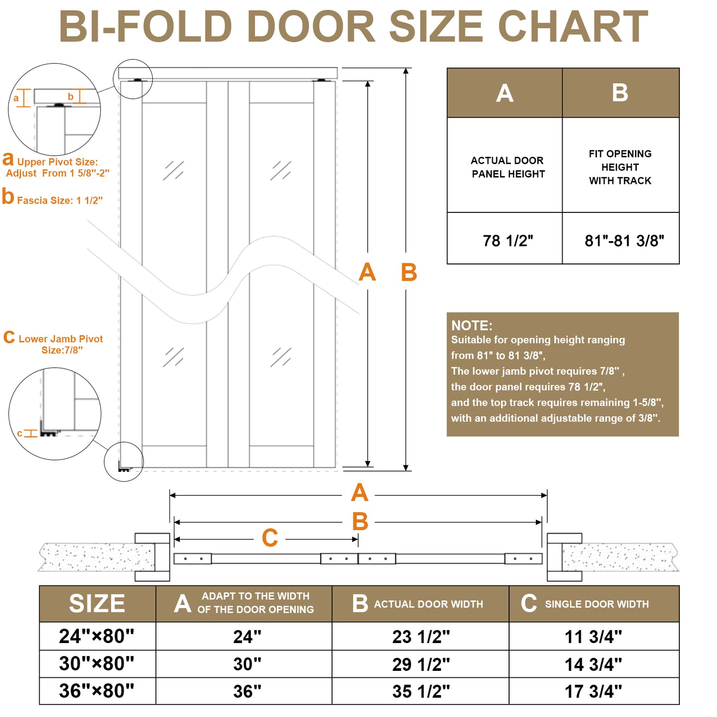 JUJUBON Glass Bifold Closet Door, Pine Wood Interior Door Slab with Tempered Frosted Glass, Folding Barn Door Interior with Hardware, Fascia & Knob, Unfnished Smooth Surface