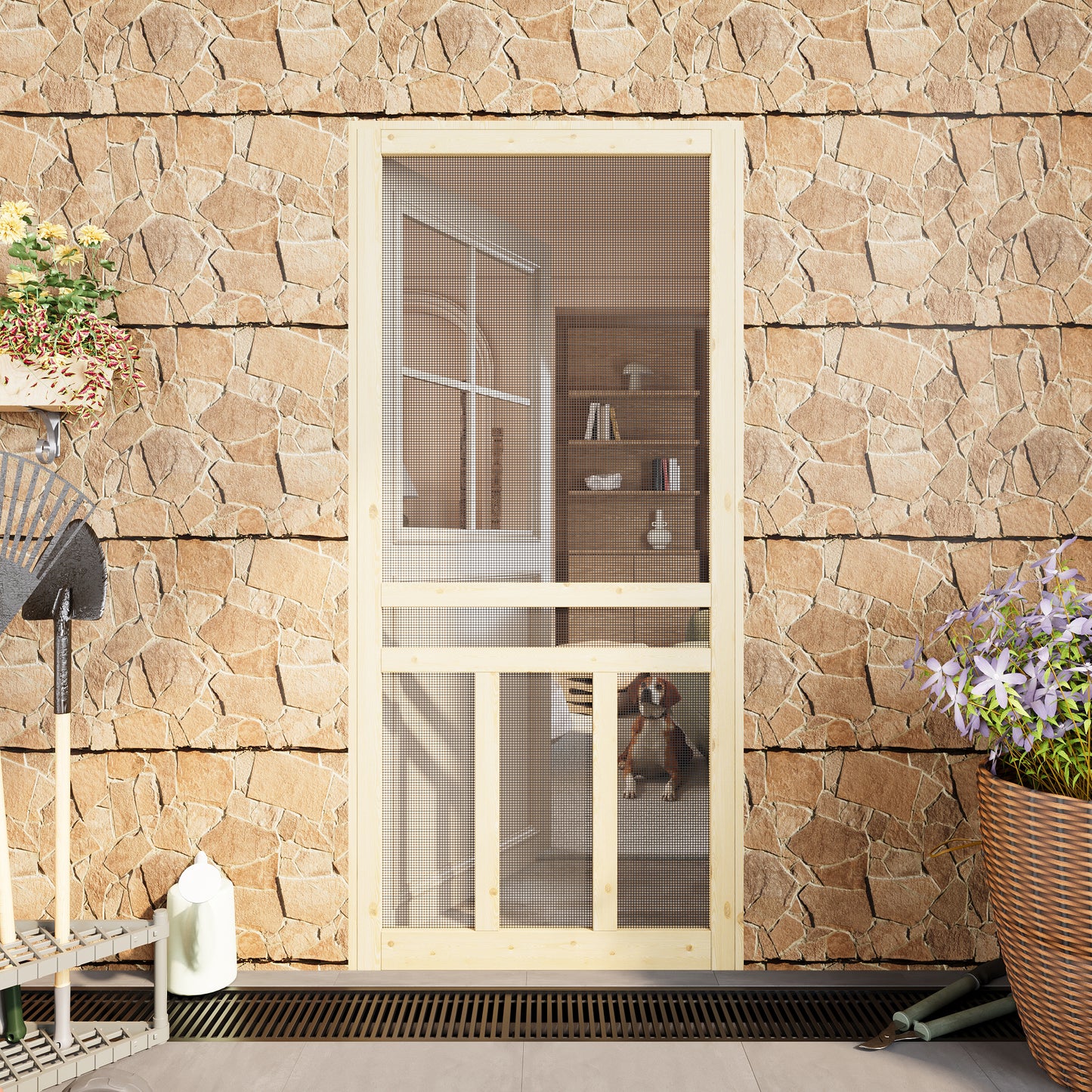 JUJUBON Front Wooden Screen Door for Swing Doors，Solid Pine French Style with Universal Hinged Gauze Mesh Screen Door for Exterior/Interior，Pre-Assembled Easy Installation