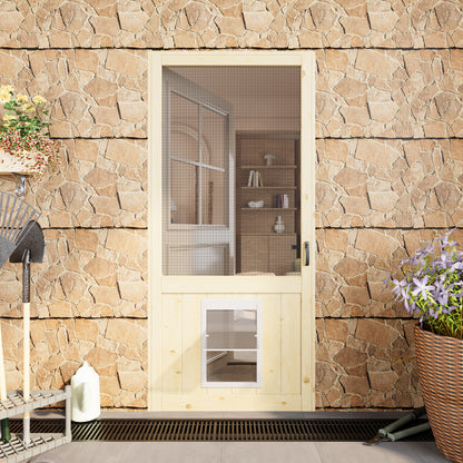 JUJUBON Wooden Front Screen Door, with Built-In Pet Door - French Solid Wood Pine Slab, Hinged Gauze Mesh For Exterior/Interior Doors