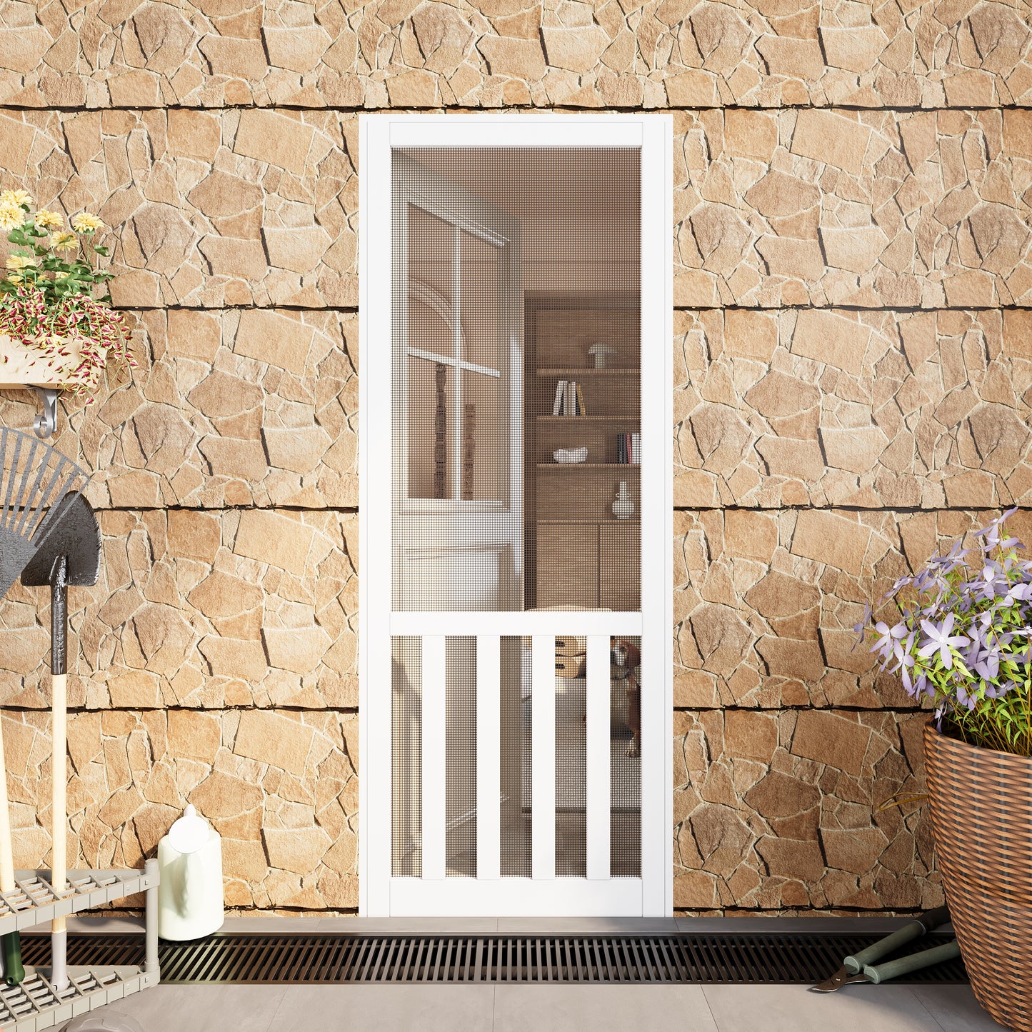 JUJUBON Front Wooden Screen Door for Swing Doors，Solid Pine French Style with Universal Hinged Gauze Mesh Screen Door for Exterior/Interior，Pre-Assembled Easy Installation, White