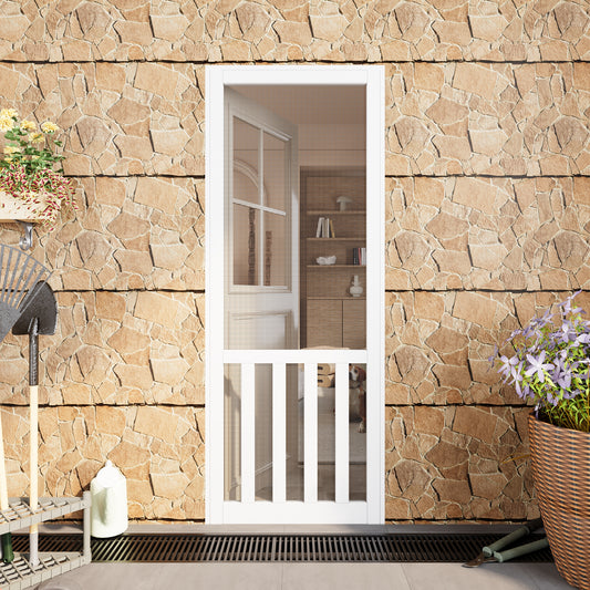JUJUBON Front Wooden Screen Door for Swing Doors，Solid Pine French Style with Universal Hinged Gauze Mesh Screen Door for Exterior/Interior，Pre-Assembled Easy Installation, White