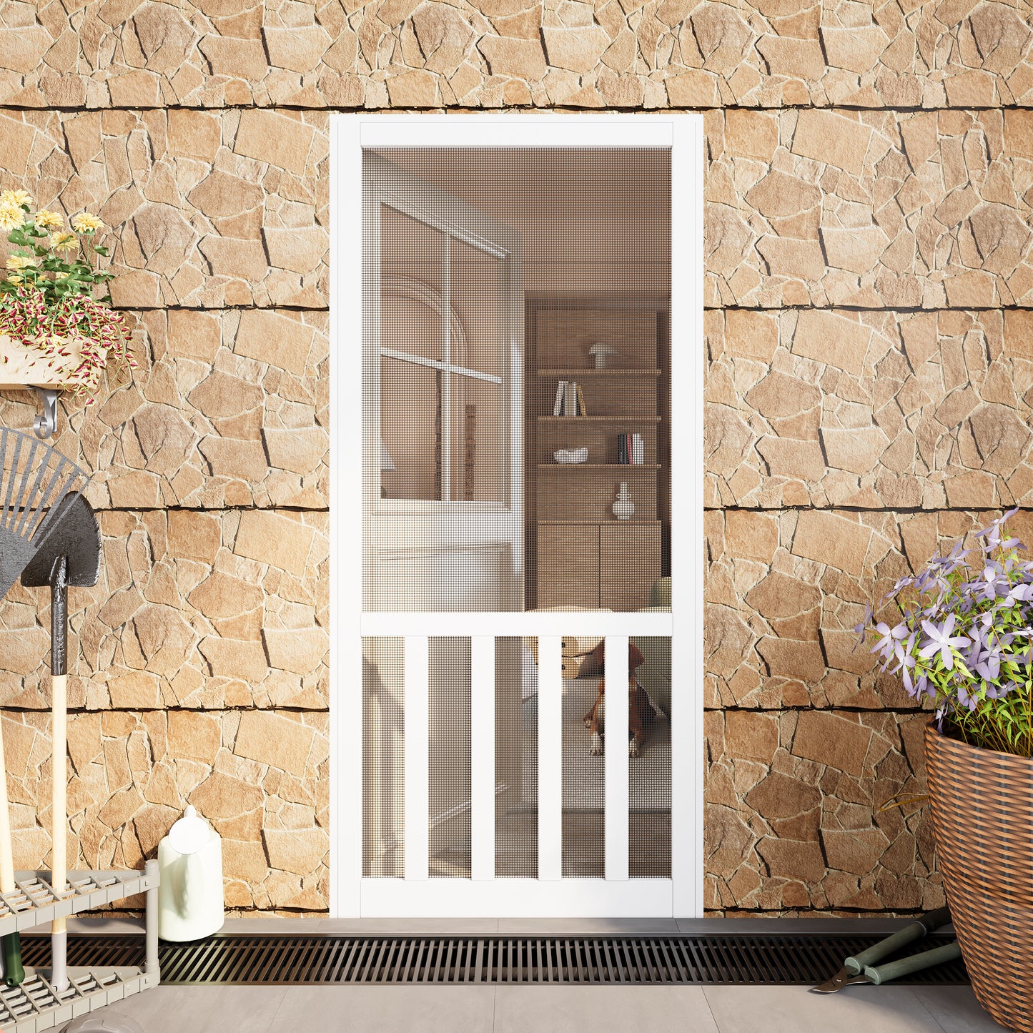 JUJUBON Front Wooden Screen Door for Swing Doors，Solid Pine French Style with Universal Hinged Gauze Mesh Screen Door for Exterior/Interior，Pre-Assembled Easy Installation, White