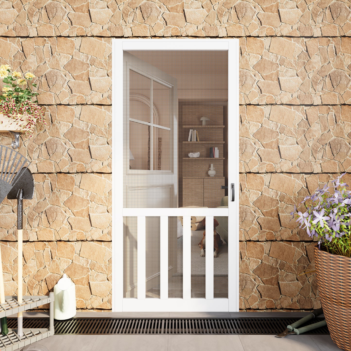 JUJUBON Front Wooden Screen Door for Swing Doors，Solid Pine French Style with Universal Hinged Gauze Mesh Screen Door for Exterior/Interior，Pre-Assembled Easy Installation, White