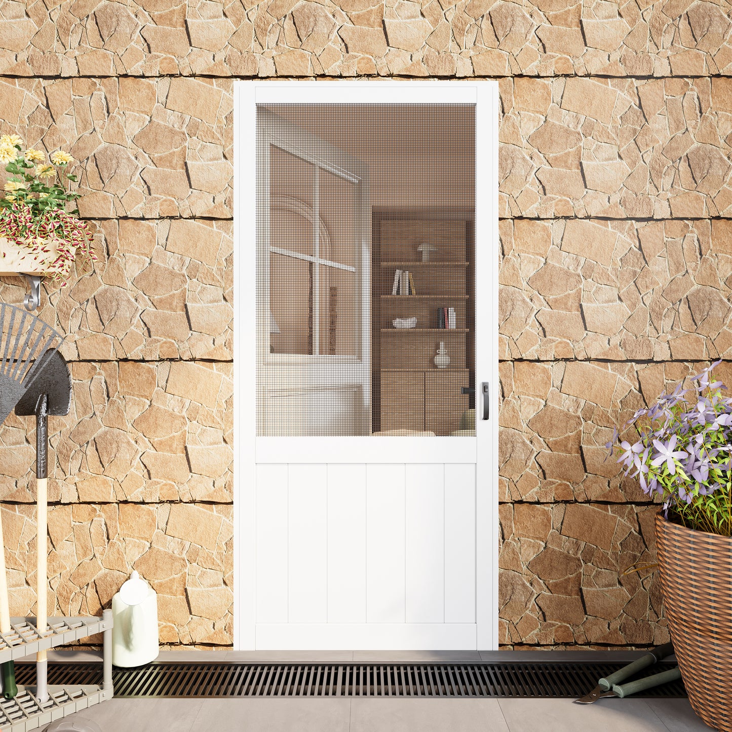 JUJUBON Front Wooden Screen Door for Swing Doors，Solid Pine French Style with Universal Hinged Gauze Mesh Screen Door for Exterior/Interior，Pre-Assembled Easy Installation, White
